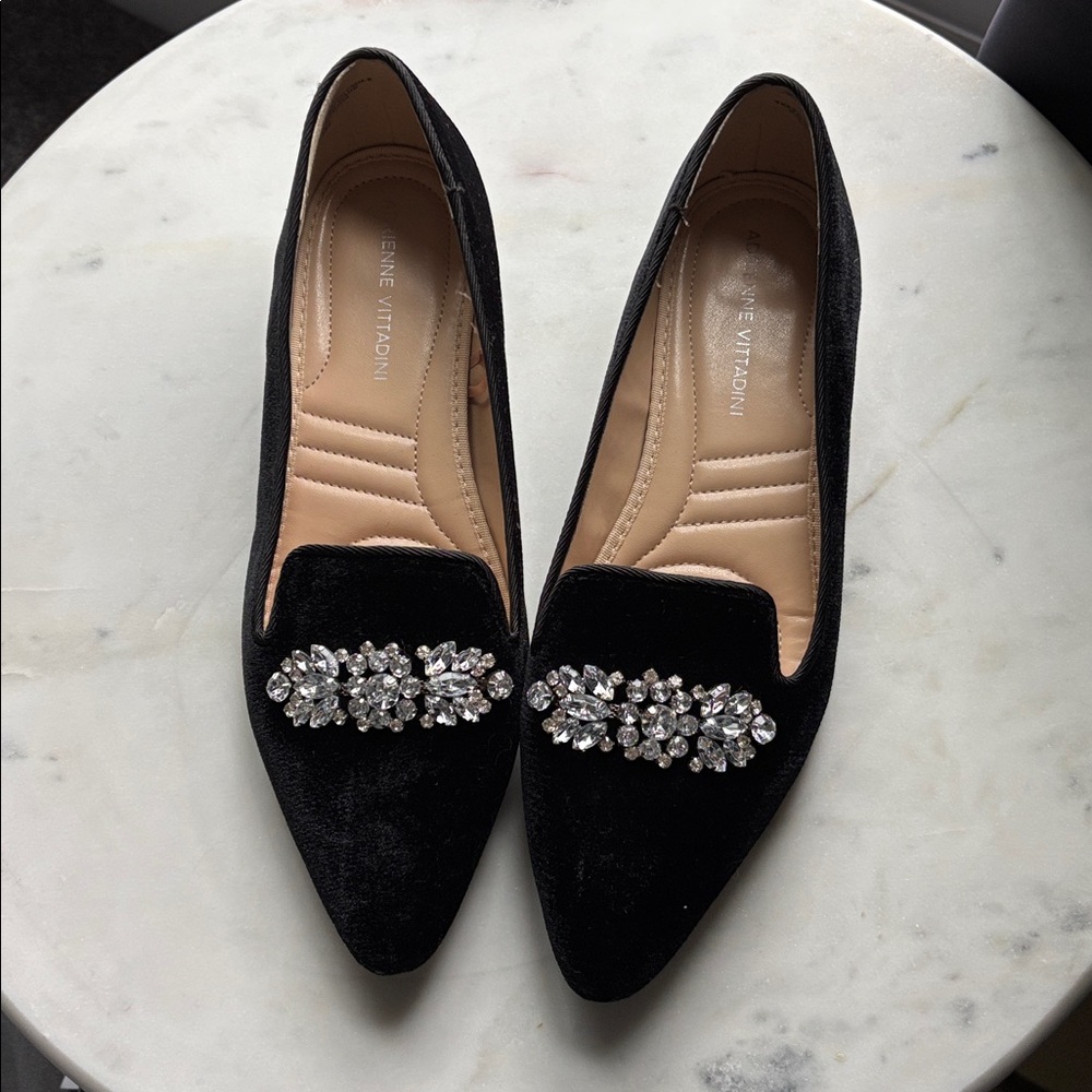 Adrienne Vittadini  Black Velvet Loafers with Sparkling Crystals